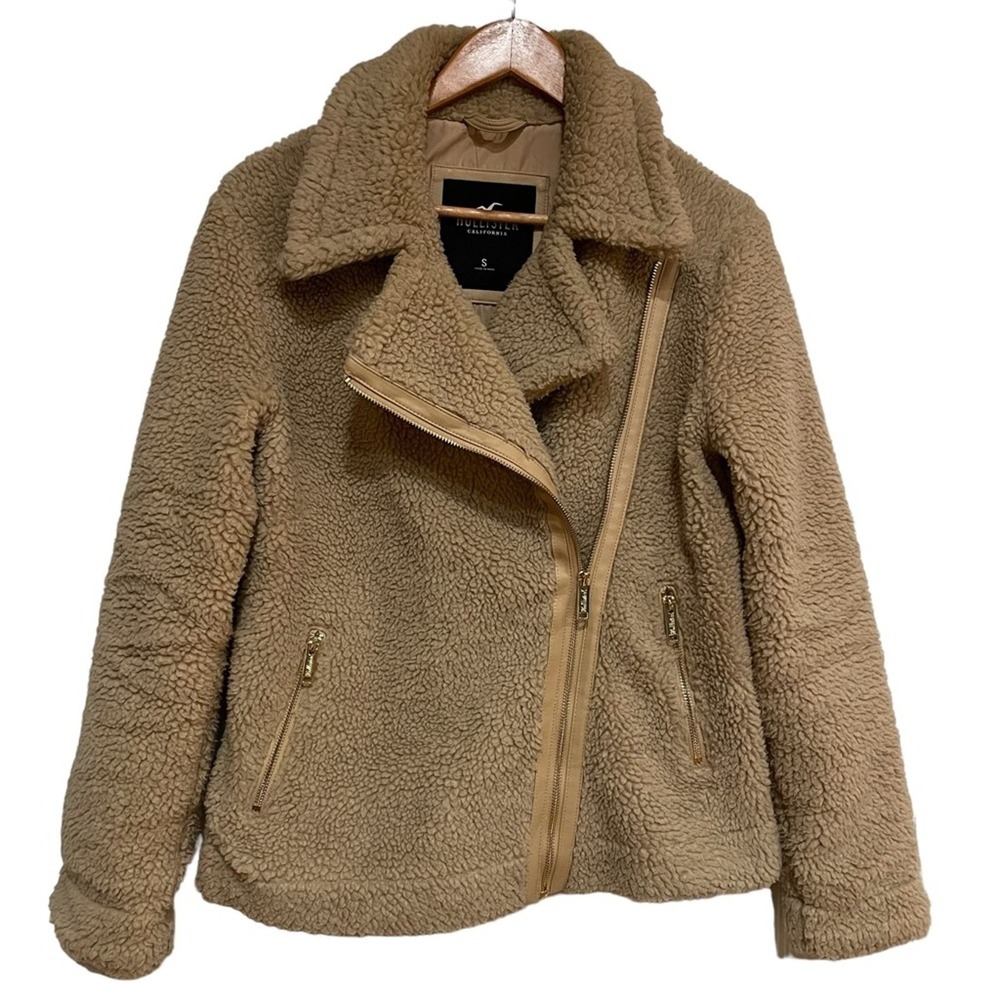 Hollister Sherpa Moto Jacket Womens Size S Tan Brown Faux Shearling Biker Coat